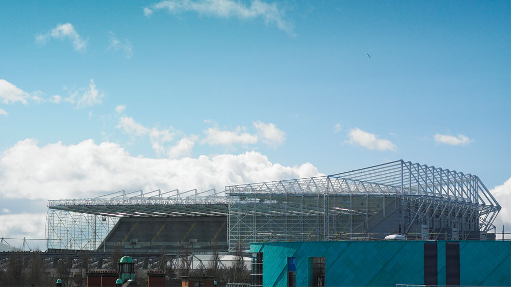 St James' Park - home of Newcastle United - towers above the city. 